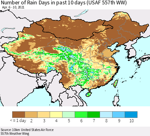 China, Mongolia and Taiwan Number of Rain Days in past 10 days (USAF 557th WW) Thematic Map For 4/6/2021 - 4/10/2021