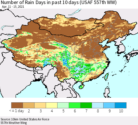China, Mongolia and Taiwan Number of Rain Days in past 10 days (USAF 557th WW) Thematic Map For 4/11/2021 - 4/15/2021