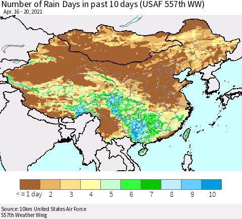 China, Mongolia and Taiwan Number of Rain Days in past 10 days (USAF 557th WW) Thematic Map For 4/16/2021 - 4/20/2021