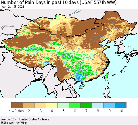 China, Mongolia and Taiwan Number of Rain Days in past 10 days (USAF 557th WW) Thematic Map For 4/21/2021 - 4/25/2021