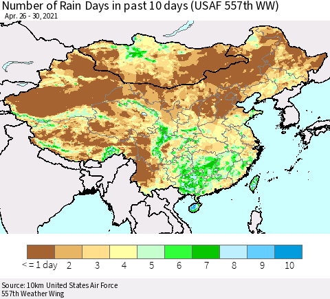 China, Mongolia and Taiwan Number of Rain Days in past 10 days (USAF 557th WW) Thematic Map For 4/26/2021 - 4/30/2021