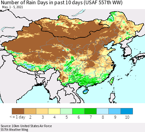 China, Mongolia and Taiwan Number of Rain Days in past 10 days (USAF 557th WW) Thematic Map For 5/1/2021 - 5/5/2021