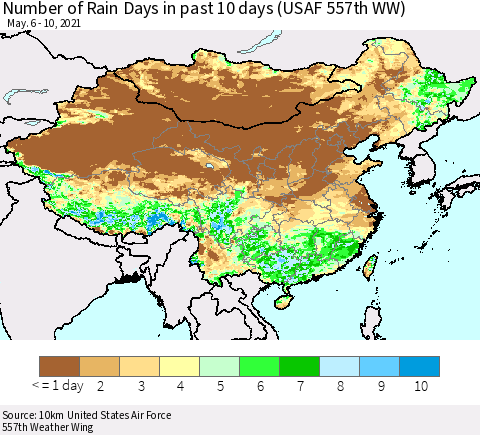 China, Mongolia and Taiwan Number of Rain Days in past 10 days (USAF 557th WW) Thematic Map For 5/6/2021 - 5/10/2021