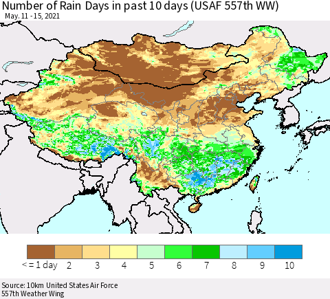 China, Mongolia and Taiwan Number of Rain Days in past 10 days (USAF 557th WW) Thematic Map For 5/11/2021 - 5/15/2021