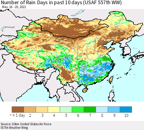 China, Mongolia and Taiwan Number of Rain Days in past 10 days (USAF 557th WW) Thematic Map For 5/16/2021 - 5/20/2021