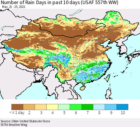 China, Mongolia and Taiwan Number of Rain Days in past 10 days (USAF 557th WW) Thematic Map For 5/21/2021 - 5/25/2021
