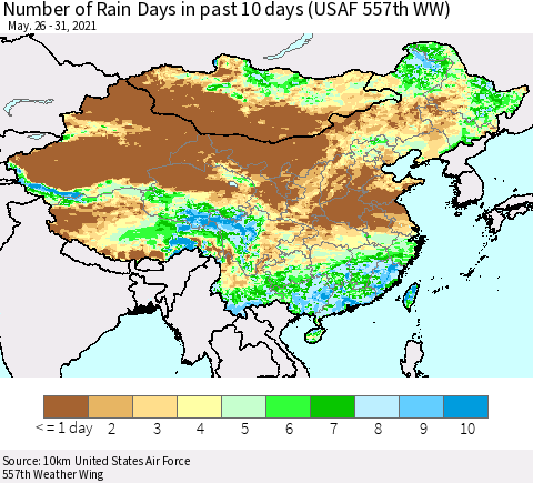 China, Mongolia and Taiwan Number of Rain Days in past 10 days (USAF 557th WW) Thematic Map For 5/26/2021 - 5/31/2021