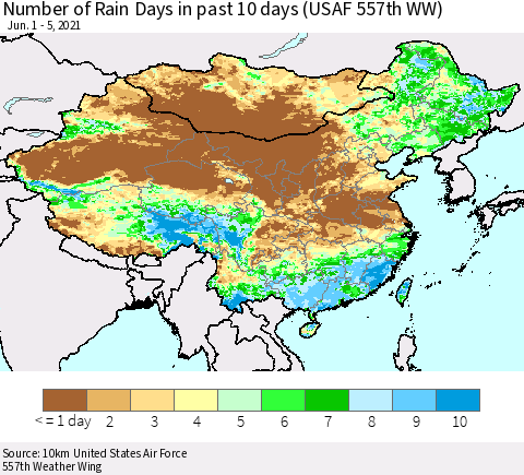 China, Mongolia and Taiwan Number of Rain Days in past 10 days (USAF 557th WW) Thematic Map For 6/1/2021 - 6/5/2021