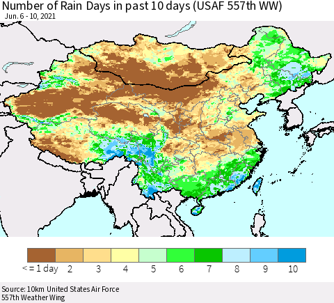 China, Mongolia and Taiwan Number of Rain Days in past 10 days (USAF 557th WW) Thematic Map For 6/6/2021 - 6/10/2021