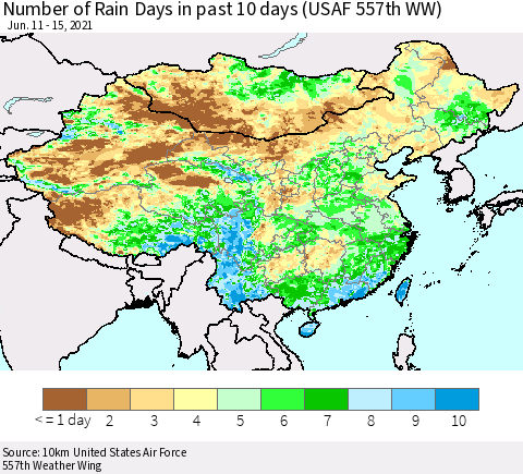 China, Mongolia and Taiwan Number of Rain Days in past 10 days (USAF 557th WW) Thematic Map For 6/11/2021 - 6/15/2021