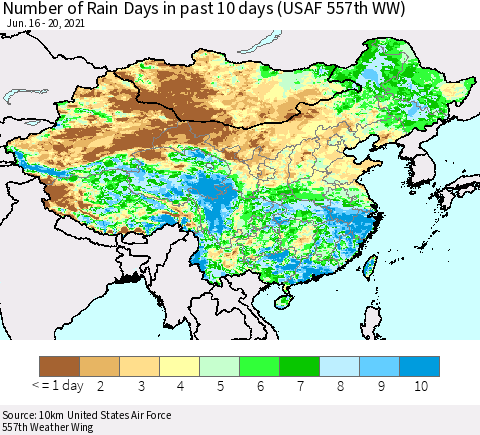 China, Mongolia and Taiwan Number of Rain Days in past 10 days (USAF 557th WW) Thematic Map For 6/16/2021 - 6/20/2021
