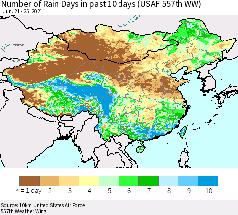 China, Mongolia and Taiwan Number of Rain Days in past 10 days (USAF 557th WW) Thematic Map For 6/21/2021 - 6/25/2021