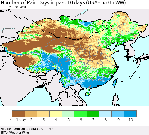 China, Mongolia and Taiwan Number of Rain Days in past 10 days (USAF 557th WW) Thematic Map For 6/26/2021 - 6/30/2021