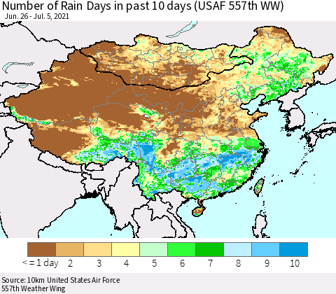 China, Mongolia and Taiwan Number of Rain Days in past 10 days (USAF 557th WW) Thematic Map For 7/1/2021 - 7/5/2021