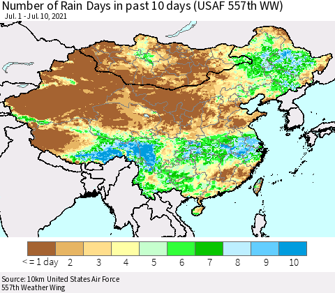China, Mongolia and Taiwan Number of Rain Days in past 10 days (USAF 557th WW) Thematic Map For 7/6/2021 - 7/10/2021