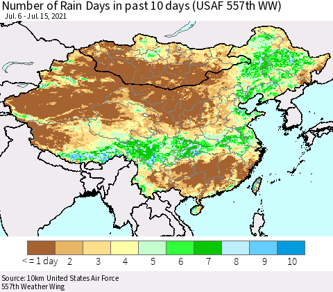 China, Mongolia and Taiwan Number of Rain Days in past 10 days (USAF 557th WW) Thematic Map For 7/11/2021 - 7/15/2021
