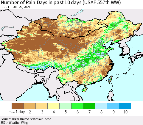 China, Mongolia and Taiwan Number of Rain Days in past 10 days (USAF 557th WW) Thematic Map For 7/16/2021 - 7/20/2021