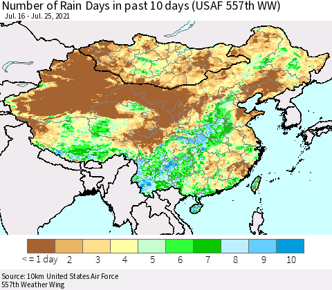 China, Mongolia and Taiwan Number of Rain Days in past 10 days (USAF 557th WW) Thematic Map For 7/21/2021 - 7/25/2021