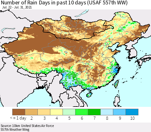 China, Mongolia and Taiwan Number of Rain Days in past 10 days (USAF 557th WW) Thematic Map For 7/26/2021 - 7/31/2021