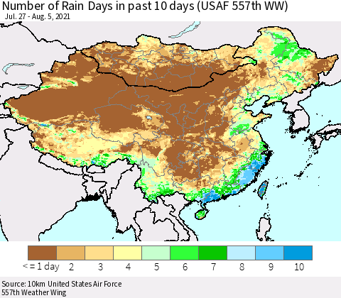 China, Mongolia and Taiwan Number of Rain Days in past 10 days (USAF 557th WW) Thematic Map For 8/1/2021 - 8/5/2021