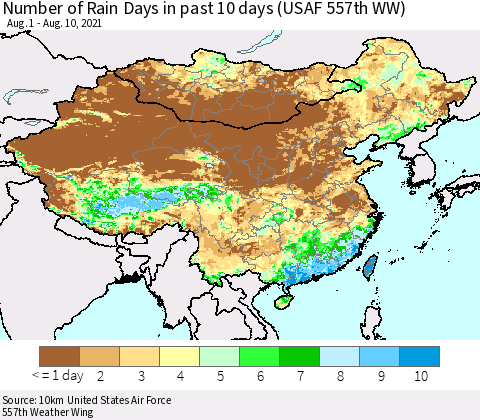 China, Mongolia and Taiwan Number of Rain Days in past 10 days (USAF 557th WW) Thematic Map For 8/6/2021 - 8/10/2021