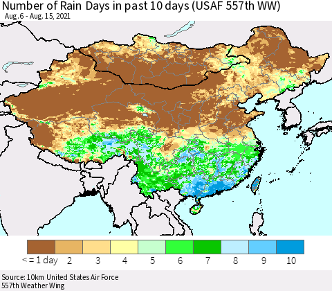 China, Mongolia and Taiwan Number of Rain Days in past 10 days (USAF 557th WW) Thematic Map For 8/11/2021 - 8/15/2021