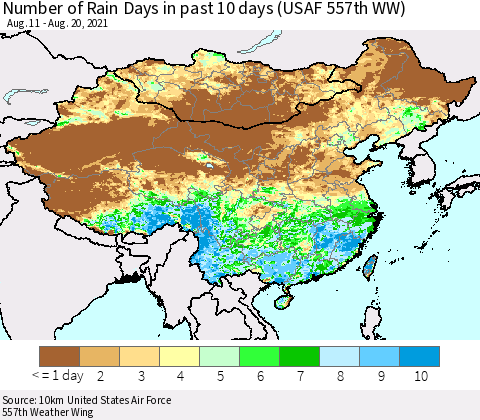 China, Mongolia and Taiwan Number of Rain Days in past 10 days (USAF 557th WW) Thematic Map For 8/16/2021 - 8/20/2021
