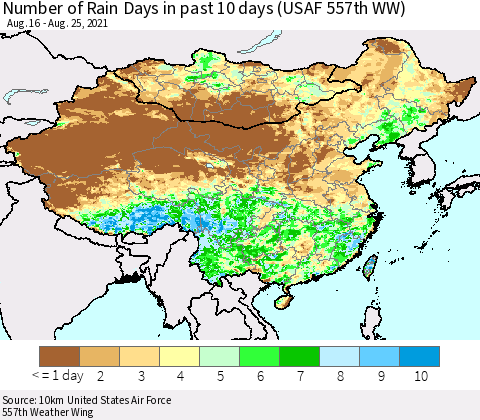 China, Mongolia and Taiwan Number of Rain Days in past 10 days (USAF 557th WW) Thematic Map For 8/21/2021 - 8/25/2021