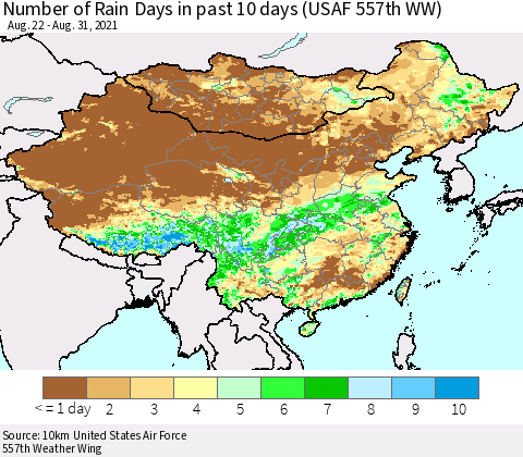 China, Mongolia and Taiwan Number of Rain Days in past 10 days (USAF 557th WW) Thematic Map For 8/26/2021 - 8/31/2021