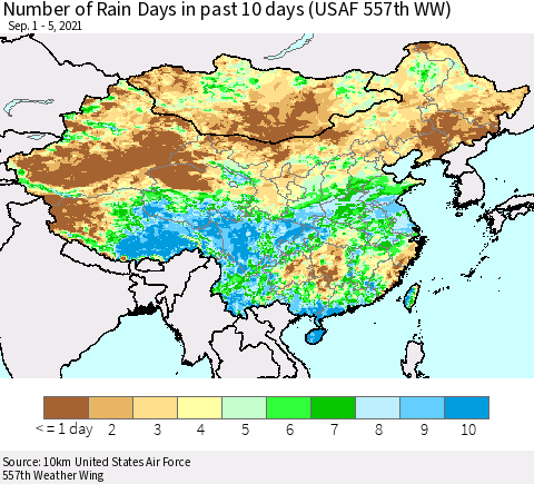 China, Mongolia and Taiwan Number of Rain Days in past 10 days (USAF 557th WW) Thematic Map For 9/1/2021 - 9/5/2021