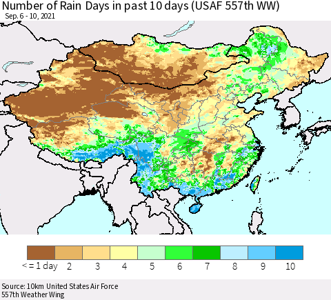 China, Mongolia and Taiwan Number of Rain Days in past 10 days (USAF 557th WW) Thematic Map For 9/6/2021 - 9/10/2021