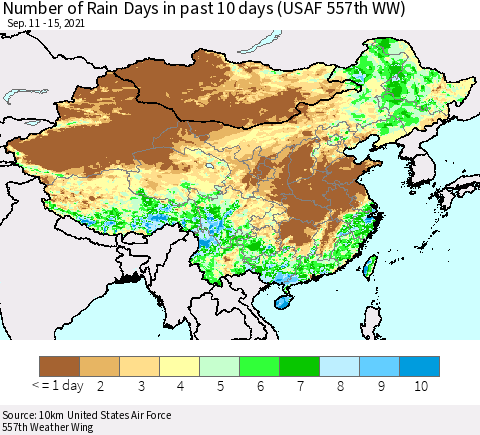 China, Mongolia and Taiwan Number of Rain Days in past 10 days (USAF 557th WW) Thematic Map For 9/11/2021 - 9/15/2021