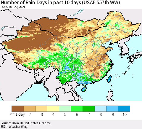 China, Mongolia and Taiwan Number of Rain Days in past 10 days (USAF 557th WW) Thematic Map For 9/16/2021 - 9/20/2021