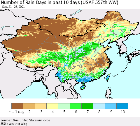 China, Mongolia and Taiwan Number of Rain Days in past 10 days (USAF 557th WW) Thematic Map For 9/21/2021 - 9/25/2021