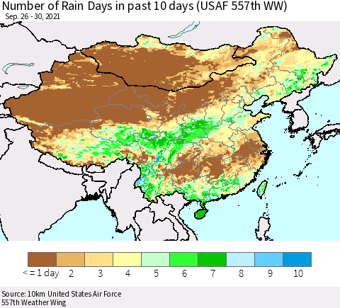 China, Mongolia and Taiwan Number of Rain Days in past 10 days (USAF 557th WW) Thematic Map For 9/26/2021 - 9/30/2021