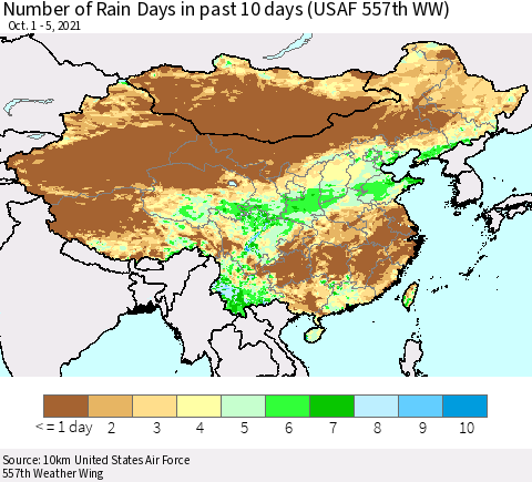 China, Mongolia and Taiwan Number of Rain Days in past 10 days (USAF 557th WW) Thematic Map For 10/1/2021 - 10/5/2021