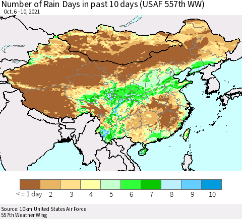 China, Mongolia and Taiwan Number of Rain Days in past 10 days (USAF 557th WW) Thematic Map For 10/6/2021 - 10/10/2021
