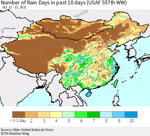 China, Mongolia and Taiwan Number of Rain Days in past 10 days (USAF 557th WW) Thematic Map For 10/11/2021 - 10/15/2021