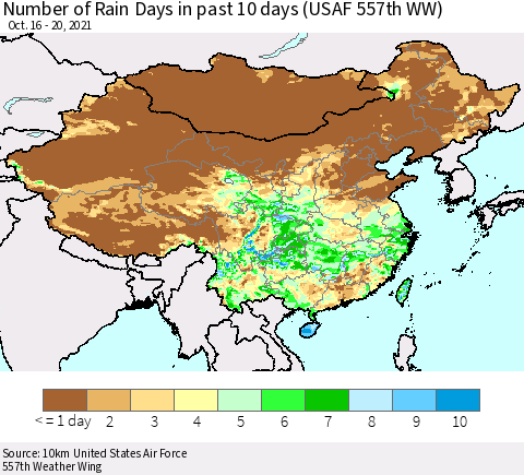 China, Mongolia and Taiwan Number of Rain Days in past 10 days (USAF 557th WW) Thematic Map For 10/16/2021 - 10/20/2021