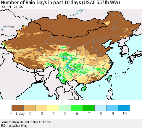 China, Mongolia and Taiwan Number of Rain Days in past 10 days (USAF 557th WW) Thematic Map For 10/21/2021 - 10/25/2021
