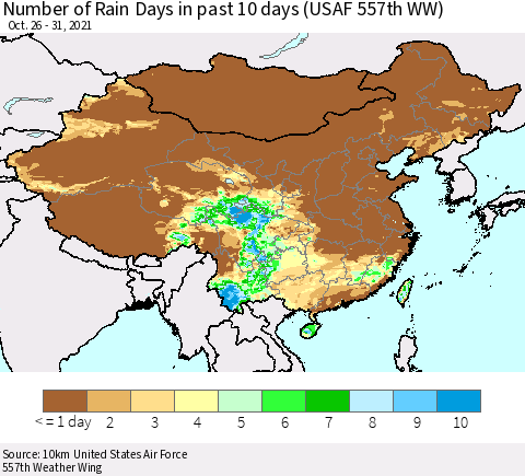 China, Mongolia and Taiwan Number of Rain Days in past 10 days (USAF 557th WW) Thematic Map For 10/26/2021 - 10/31/2021