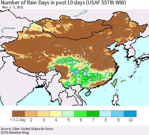 China, Mongolia and Taiwan Number of Rain Days in past 10 days (USAF 557th WW) Thematic Map For 11/1/2021 - 11/5/2021