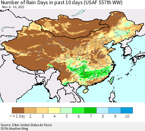 China, Mongolia and Taiwan Number of Rain Days in past 10 days (USAF 557th WW) Thematic Map For 11/6/2021 - 11/10/2021