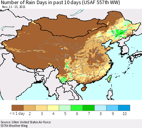 China, Mongolia and Taiwan Number of Rain Days in past 10 days (USAF 557th WW) Thematic Map For 11/11/2021 - 11/15/2021