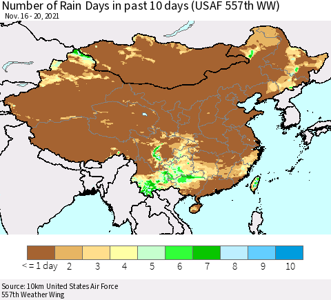 China, Mongolia and Taiwan Number of Rain Days in past 10 days (USAF 557th WW) Thematic Map For 11/16/2021 - 11/20/2021