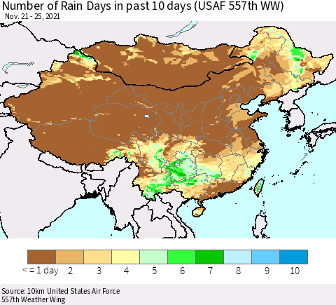 China, Mongolia and Taiwan Number of Rain Days in past 10 days (USAF 557th WW) Thematic Map For 11/21/2021 - 11/25/2021