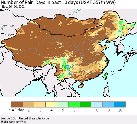 China, Mongolia and Taiwan Number of Rain Days in past 10 days (USAF 557th WW) Thematic Map For 11/26/2021 - 11/30/2021