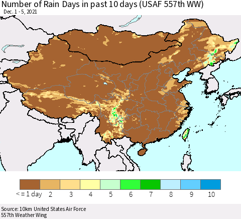 China, Mongolia and Taiwan Number of Rain Days in past 10 days (USAF 557th WW) Thematic Map For 12/1/2021 - 12/5/2021