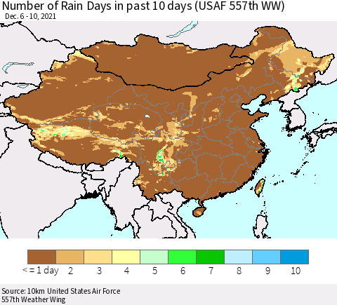 China, Mongolia and Taiwan Number of Rain Days in past 10 days (USAF 557th WW) Thematic Map For 12/6/2021 - 12/10/2021