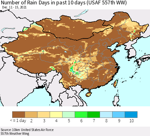 China, Mongolia and Taiwan Number of Rain Days in past 10 days (USAF 557th WW) Thematic Map For 12/11/2021 - 12/15/2021